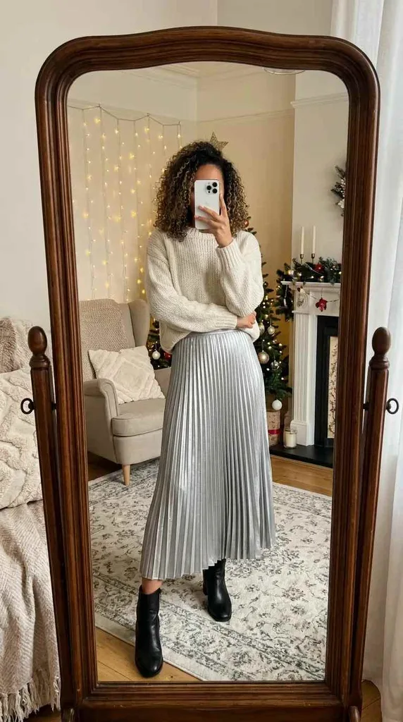 Cozy New Year Eve Outfit Ideas for Women with metallic silver pleated skirt, cream knit sweater and black boots.