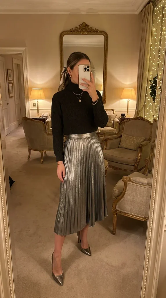 Woman in black turtleneck and metallic pleated skirt with heels for New Year Outfit Ideas Parties.