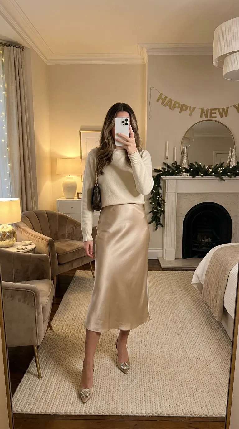 Woman in cashmere sweater, satin midi skirt and embellished heels for New Year Outfit Ideas Parties.