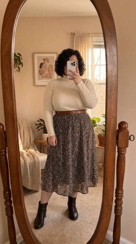 Plus-size woman in cream turtleneck and floral midi skirt as business casual outfit ideas for plus size women.