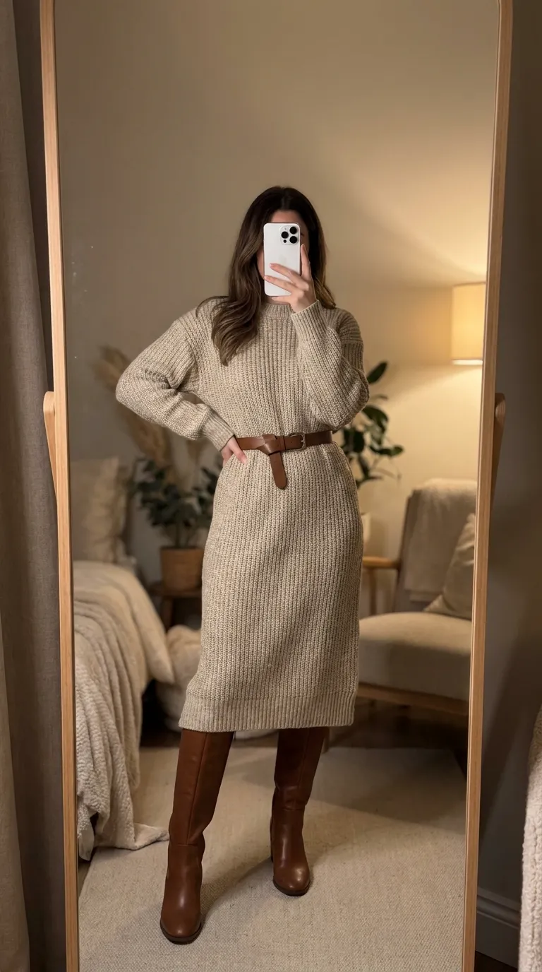Warm New Year Eve Outfit Ideas for Women with belted beige sweater dress and brown boots.