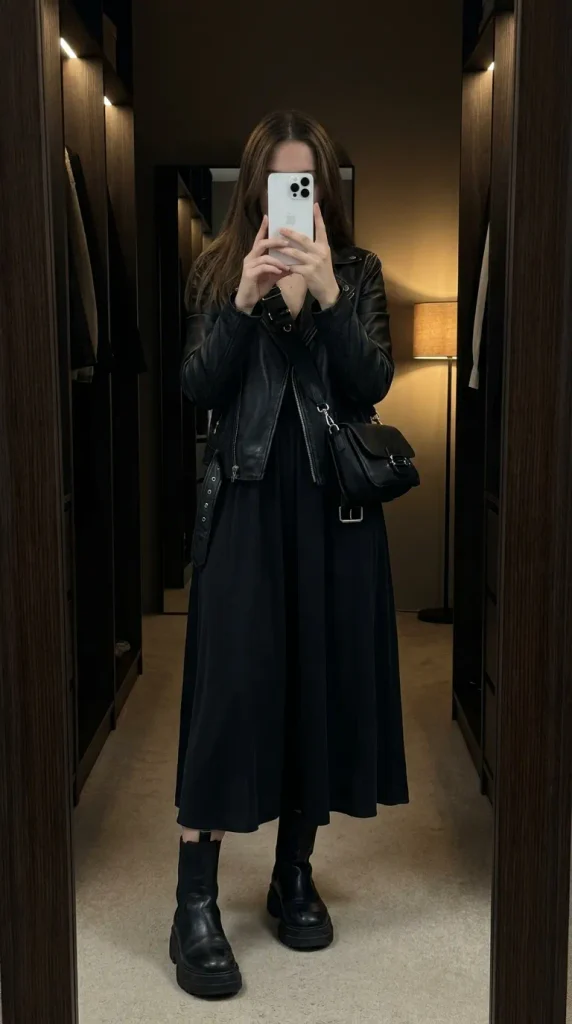 Woman in black leather jacket, midi dress & chunky boots for edgy Fall Monochrome Outfit Ideas.