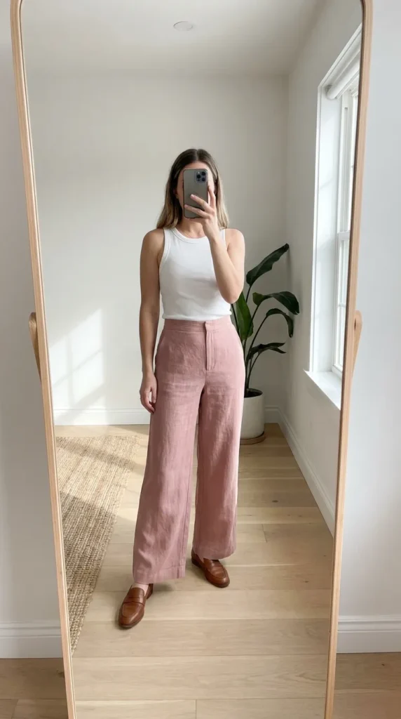 Woman in white tank and millennial pink wide-leg pants – All Pink Outfit Ideas