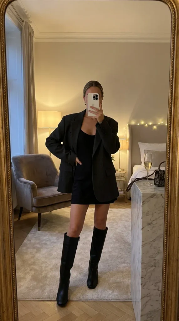 Woman in black mini dress, oversized blazer and tall boots for New Year Outfit Ideas Parties.