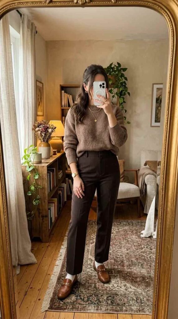 Woman in mocha sweater and dark brown trousers taking mirror selfie. Monochrome Outfit Ideas That Make Getting Dressed Ridiculously Easy