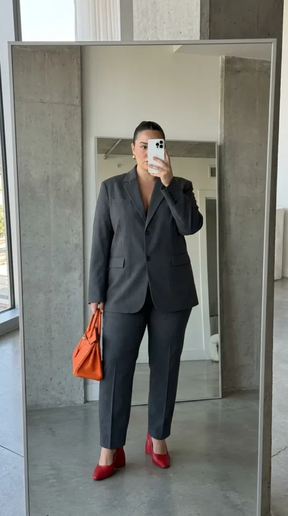 Plus-size woman in gray suit with red heels as business casual outfit ideas for plus size women.
