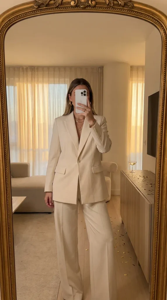 Woman in monochrome cream blazer set with gold accessories for New Year Outfit Ideas Parties.