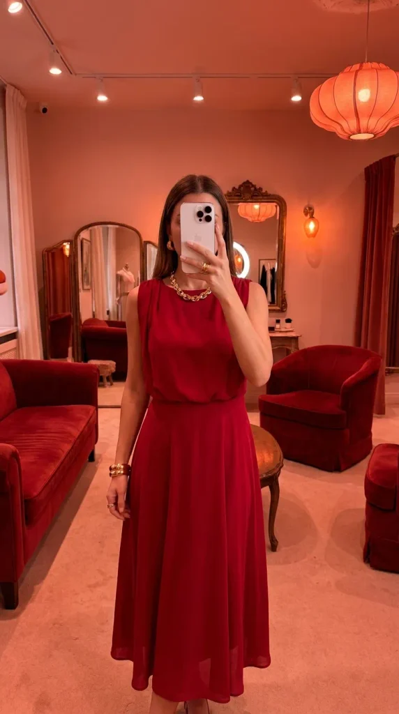 Vibrant New Year Eve Outfit Ideas for Women with a flowing monochrome red dress and gold jewelry.