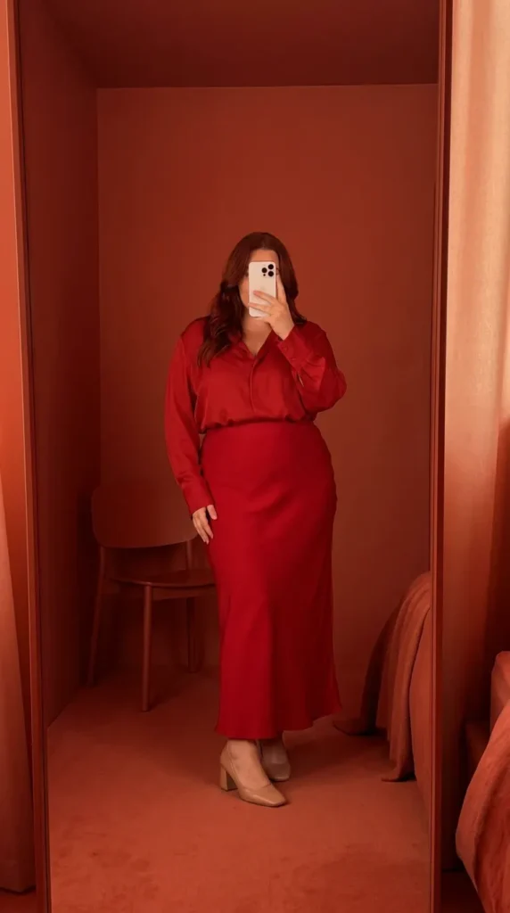 Curvy woman in all-red blouse and long red skirt, monochrome Long Red Skirt Outfit Ideas for Plus Size women