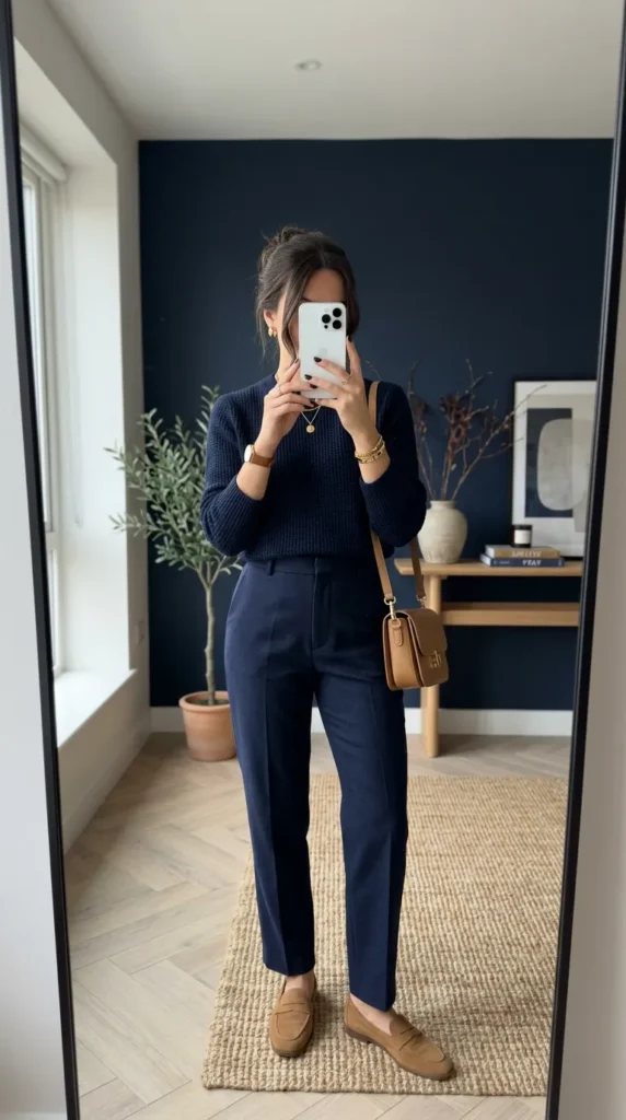 Woman in navy sweater and trousers with bag taking mirror selfie. Monochrome Outfit Ideas That Make Getting Dressed Ridiculously Easy