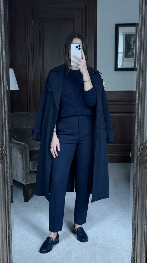 Woman in navy trench coat, sweater, trousers & loafers for classic Fall Monochrome Outfit Ideas.