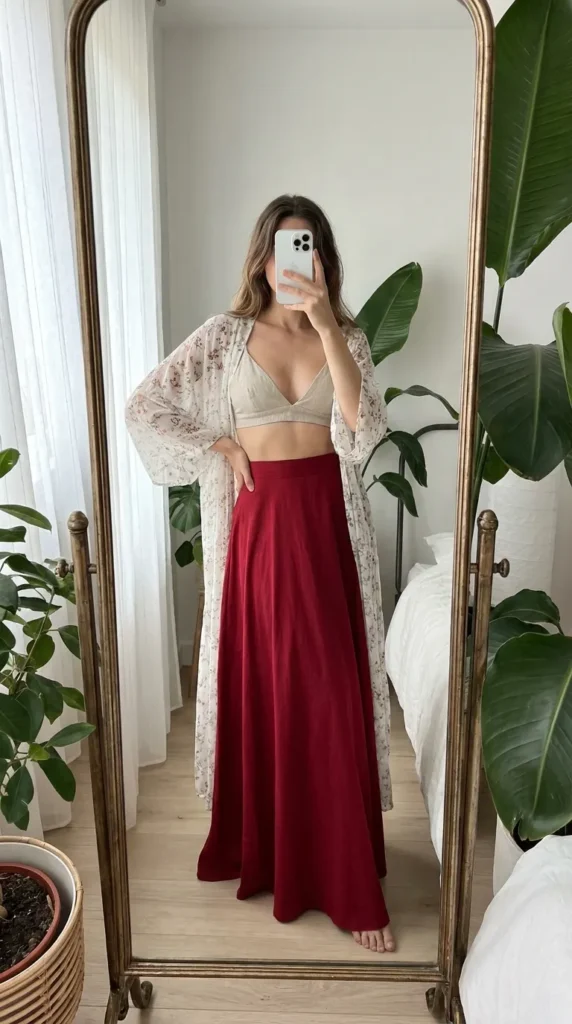 Woman in neutral bralette and long red skirt outfit ideas for this summer with a sheer floral kimono.