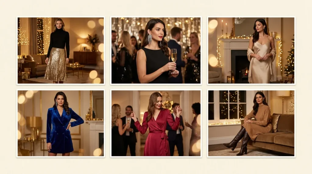 Collage of stylish New Year Eve Outfit Ideas for Women showing sequin, velvet, satin and cozy looks.