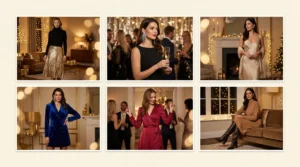 Collage of stylish New Year Eve Outfit Ideas for Women showing sequin, velvet, satin and cozy looks.