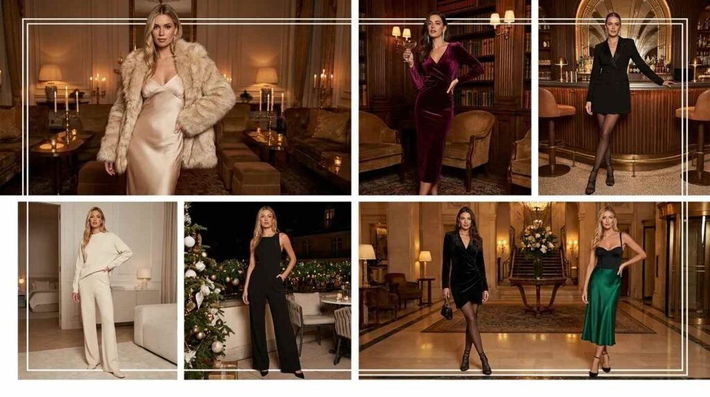 Collage of elegant dresses, jumpsuits and suits showing New Year Outfit Ideas Parties looks.