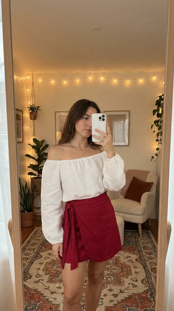 Woman in white off-shoulder blouse with red wrap skirt outfit ideas for this summer in a cozy bedroom.