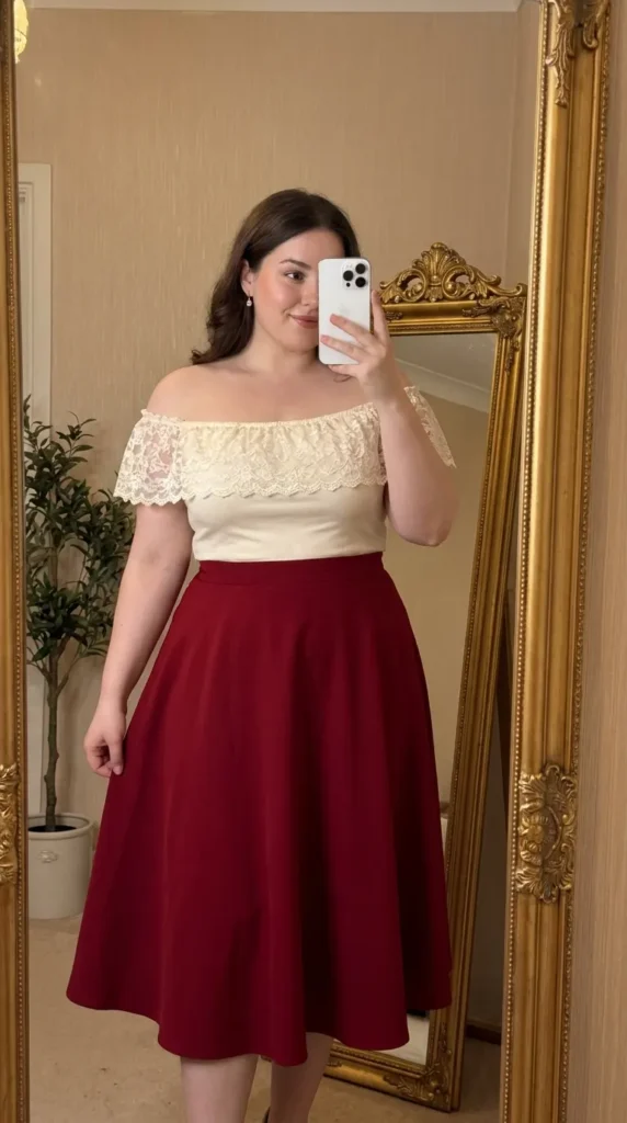 Plus size woman in off-shoulder top and long red A-line skirt, pretty Long Red Skirt Outfit Ideas for Plus Size women