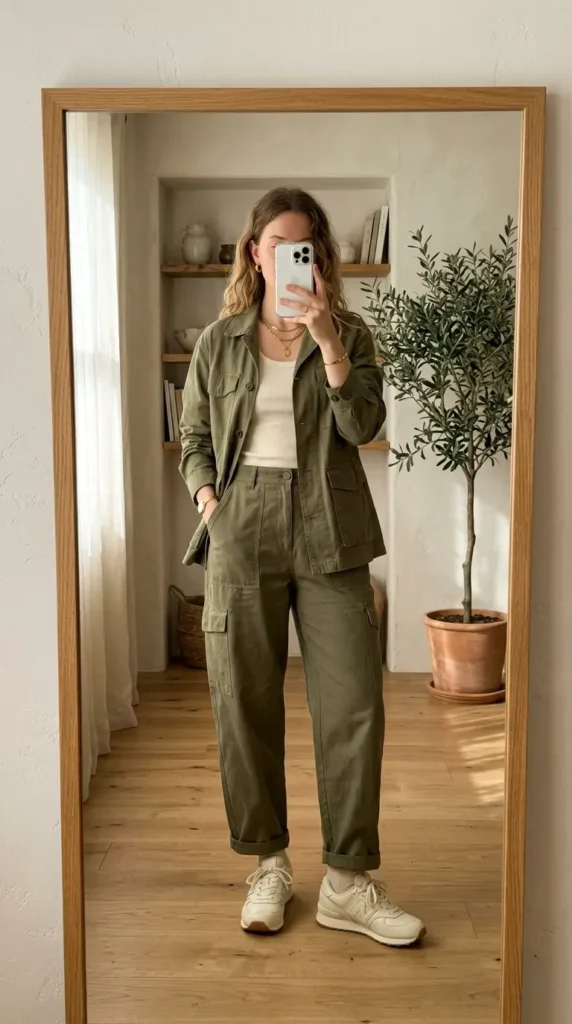 Woman in olive utility jacket and cargo pants taking mirror selfie. Monochrome Outfit Ideas That Make Getting Dressed Ridiculously Easy