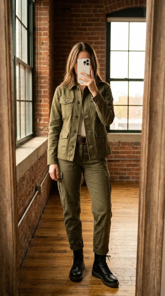 Woman in olive utility jacket, cargo pants & boots posing for Fall Monochrome Outfit Ideas.
