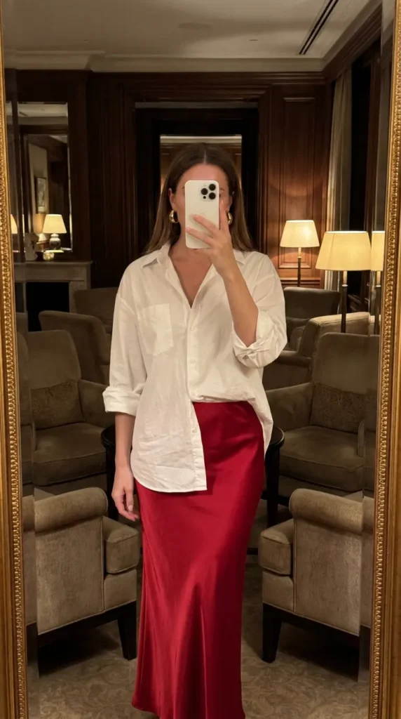 Woman in oversized white button-down with satin long red skirt outfit ideas for this summer in a hotel.