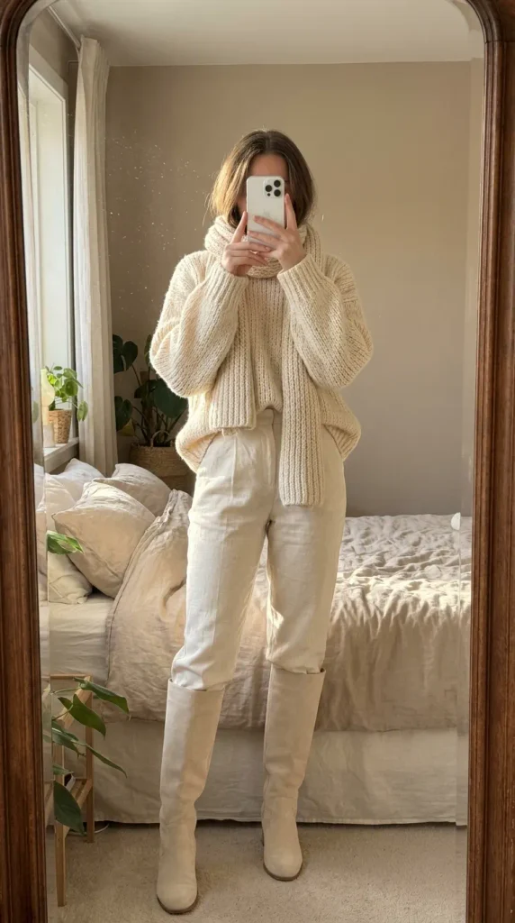 Woman in cream oversized sweater, pants, scarf & knee-high boots for Fall Monochrome Outfit Ideas.