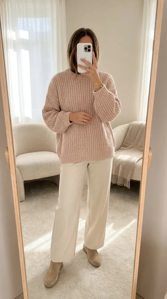 Light Pink Outfit Ideas for Winter in an oversized pink sweater, cream wide-leg trousers and boots.