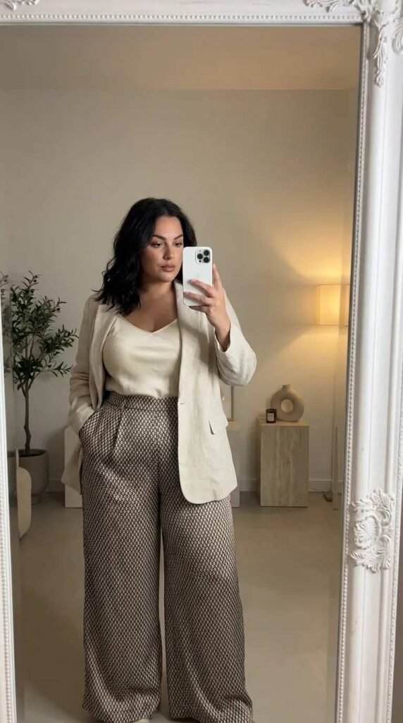 Plus-size woman in patterned palazzo pants and blazer as business casual outfit ideas for plus size women.