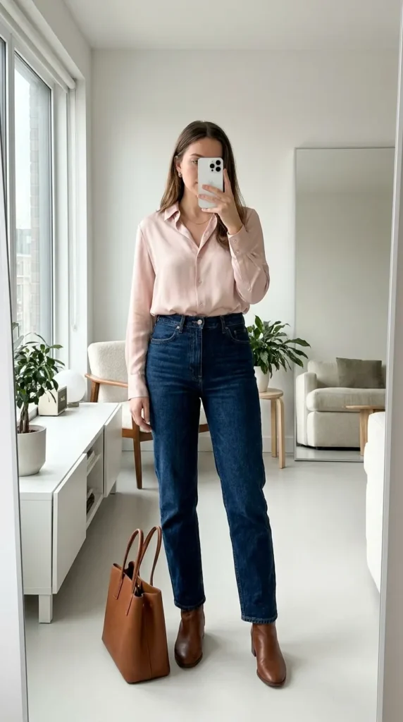 Woman in pale pink blouse and dark jeans with ankle boots, classic light pink outfit ideas for fall.