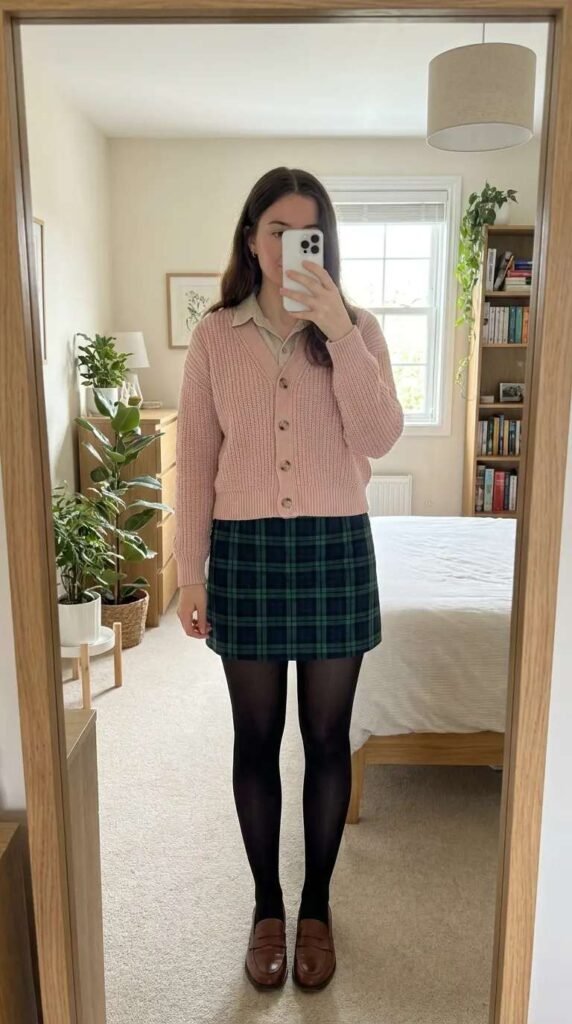 Woman in pale pink cardigan with green plaid mini skirt – preppy All Pink Outfit Ideas for Winter