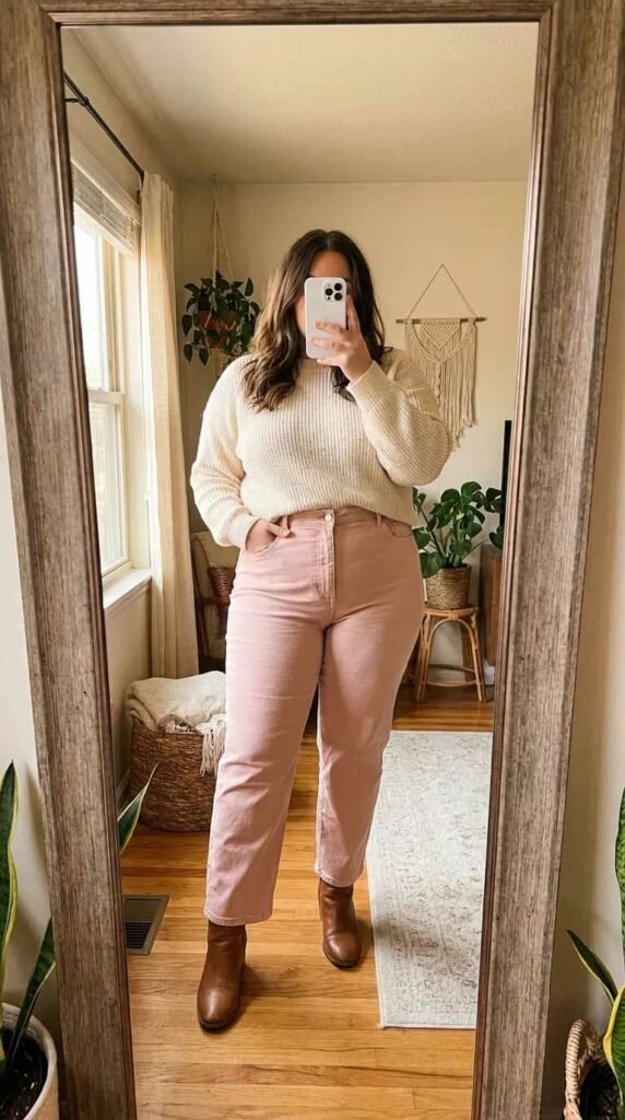 Plus size woman in cream knit sweater and pale pink denim, cozy All Pink Outfit Ideas for Plus Size women style.