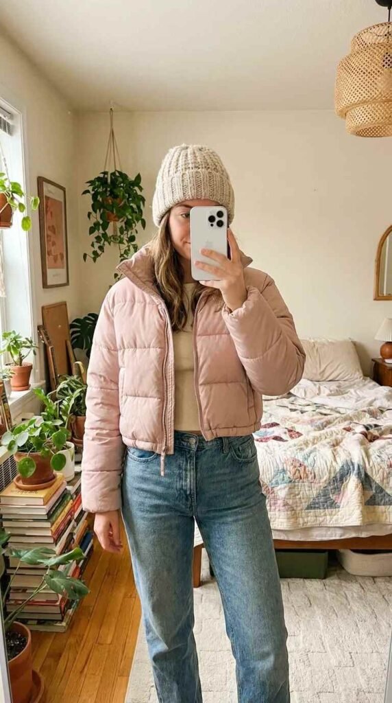 Woman wearing pale pink puffer jacket, beanie and jeans as a casual light pink outfit idea for fall.