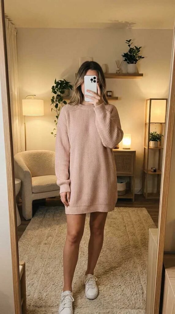 Woman in a pale pink oversized sweater dress with white sneakers, All Pink Summer Outfit Ideas.