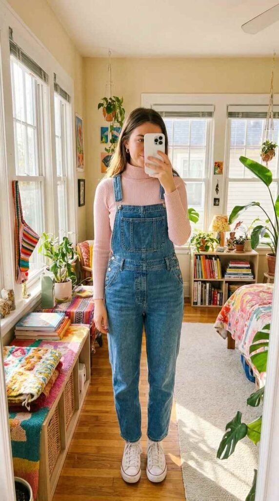 Woman in pale pink turtleneck under denim overalls and sneakers, fun light pink outfit ideas for fall.