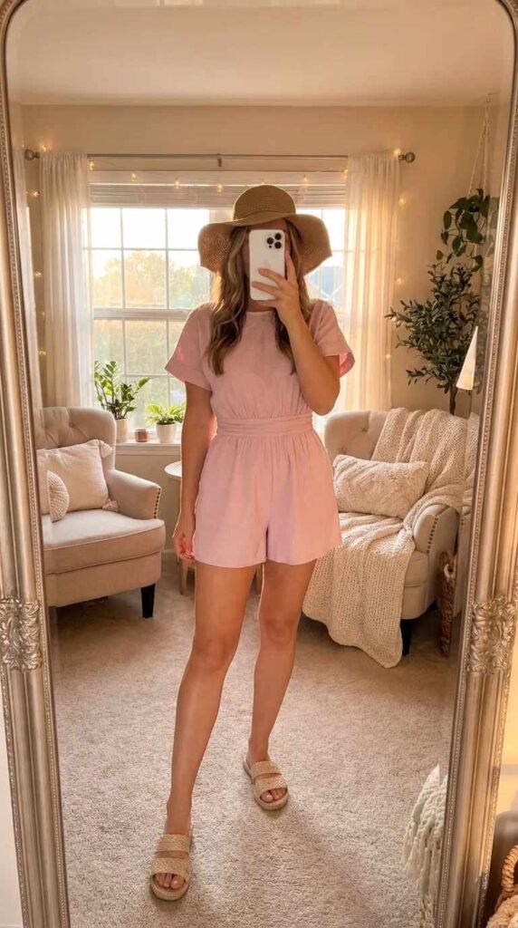 Woman in a pastel pink romper and wide-brim hat indoors, cute All Pink Summer Outfit Ideas style.