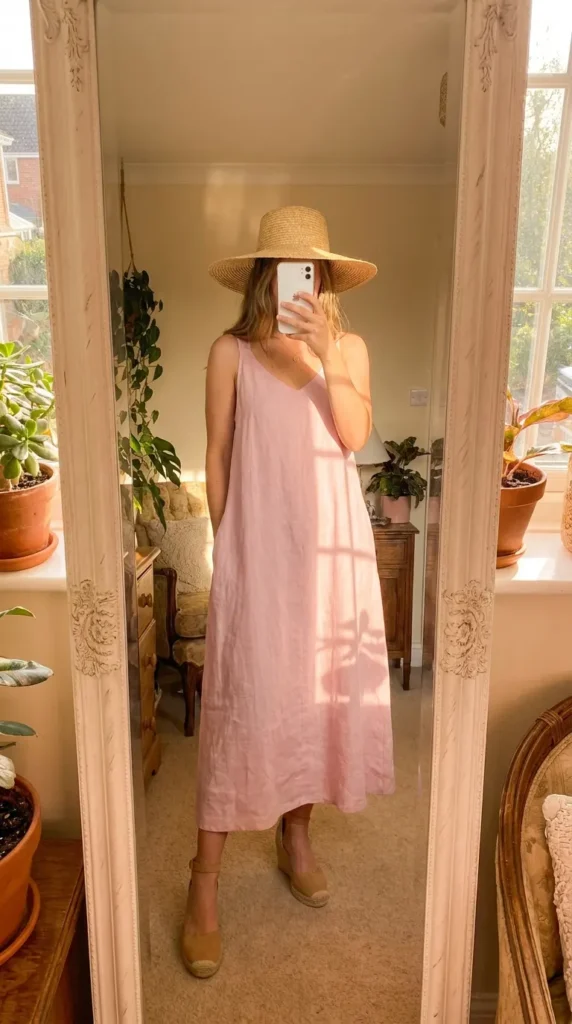 Woman in pastel pink sundress, straw hat and espadrilles, fresh Light Pink Outfit Ideas for Summer.