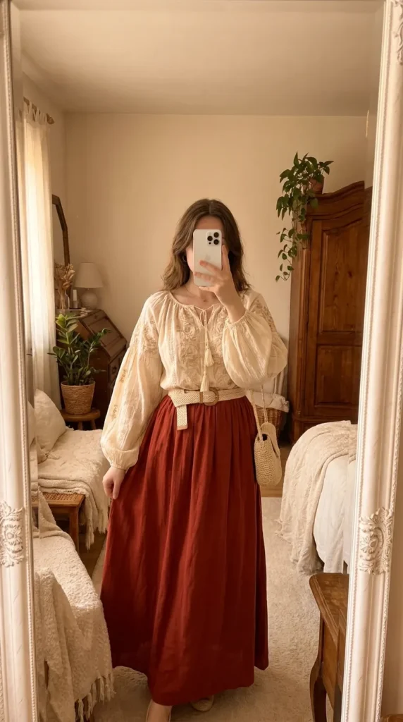 Woman in embroidered peasant blouse with belted long red skirt outfit ideas for this summer indoors.