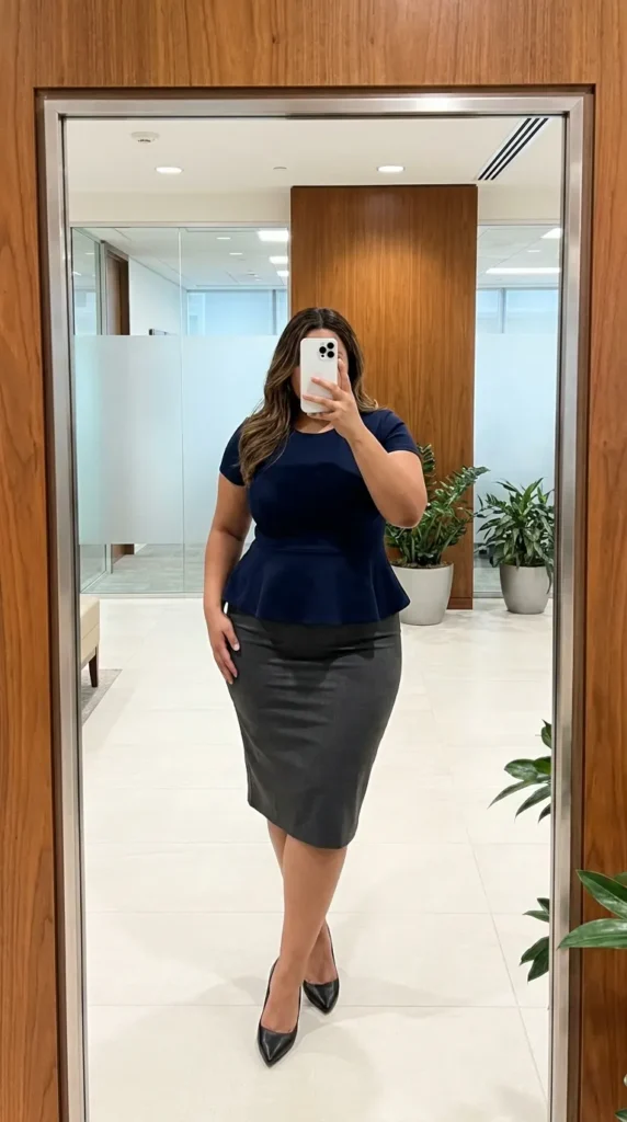 Plus-size woman in navy peplum top and pencil skirt for business casual outfit ideas for plus size women.