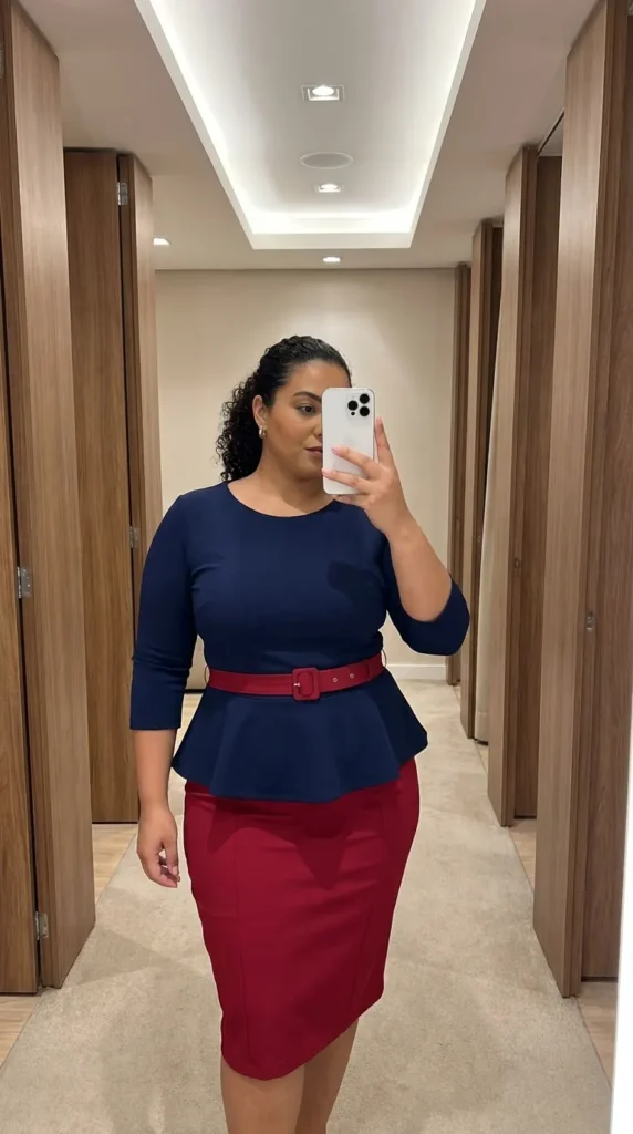 Plus size woman in navy peplum top and long red pencil skirt, work-ready Long Red Skirt Outfit Ideas for Plus Size women