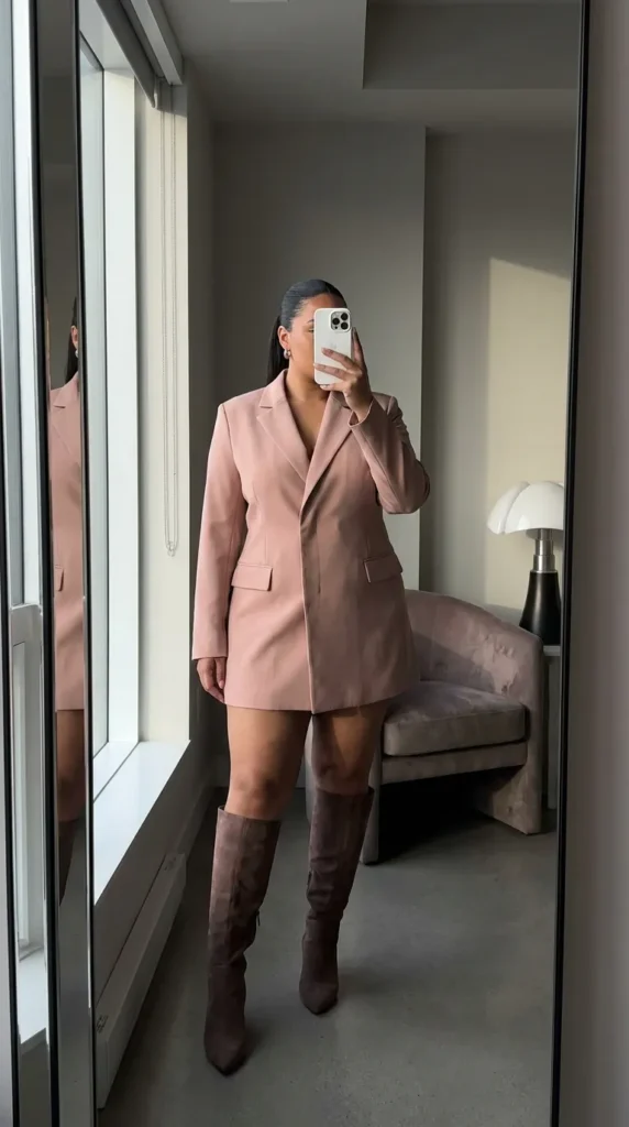 Plus-size model in dusty pink blazer dress and knee boots – Light Pink Outfit Ideas for Plus Size Women