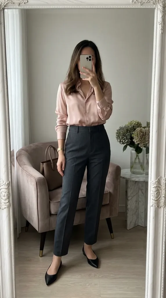 Woman in soft pink blouse and dark tailored pants – All Pink Outfit Ideas