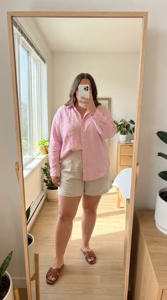 Plus-size woman in pink button-down shirt and linen shorts – Light Pink Outfit Ideas for Plus Size Women