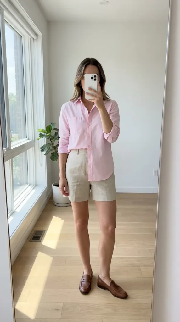 Woman in pink button-down shirt and beige tailored shorts – Light Pink Outfit Ideas for Women