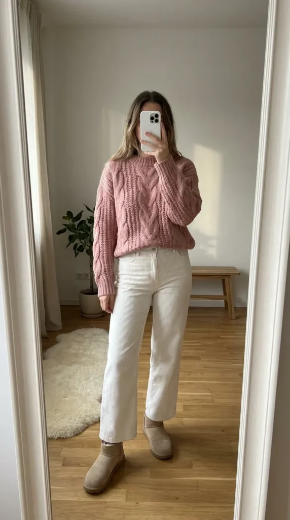 Light Pink Outfit Ideas for Winter with a pink cable-knit sweater, white corduroy pants and boots.