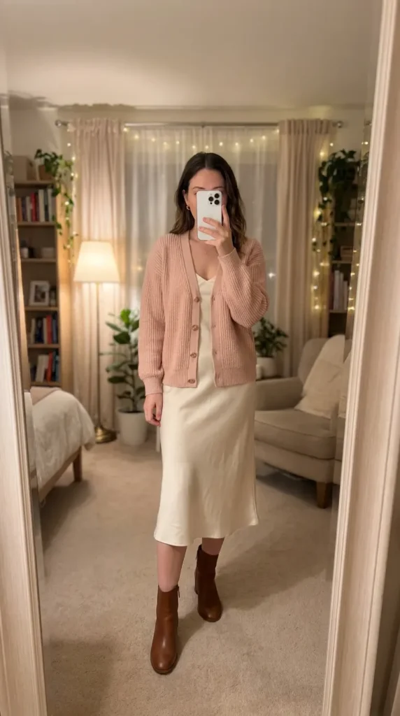 Plus-size woman in blush cardigan over cream slip dress – Light Pink Outfit Ideas for Plus Size Women