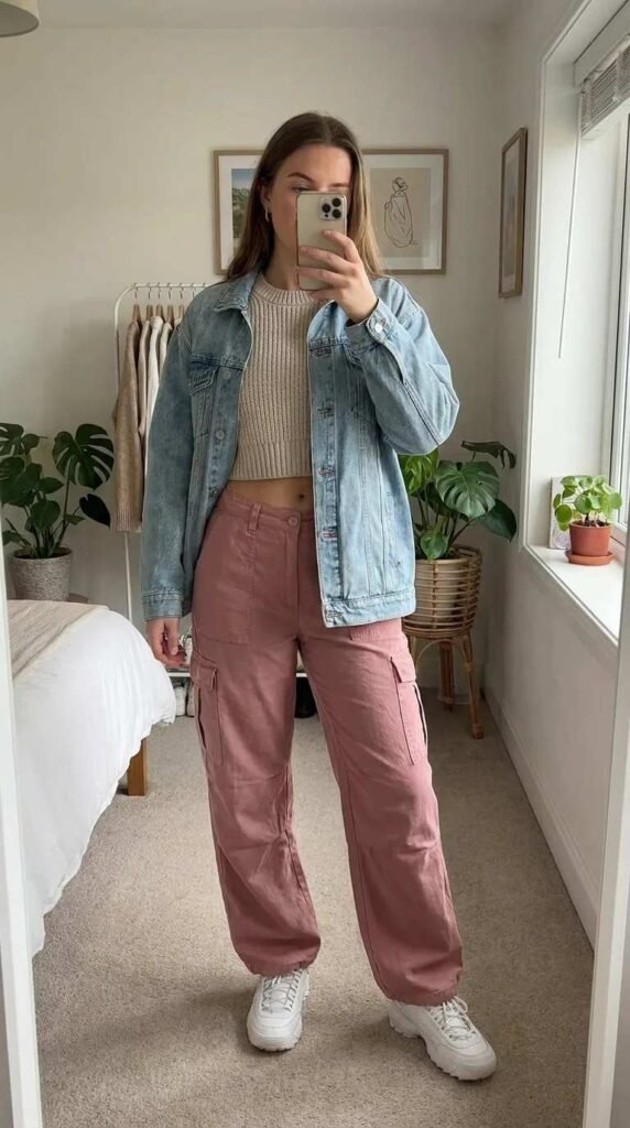 Woman in pink cargo pants, cropped knit and denim jacket – All Pink Outfit Ideas