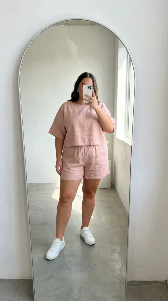 Curvy woman in light pink co-ord shorts set with sneakers – Light Pink Outfit Ideas for Plus Size Women