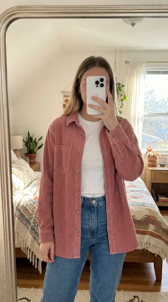 Woman in pink corduroy overshirt over white tee and jeans for casual All Pink Outfit Ideas for Winter