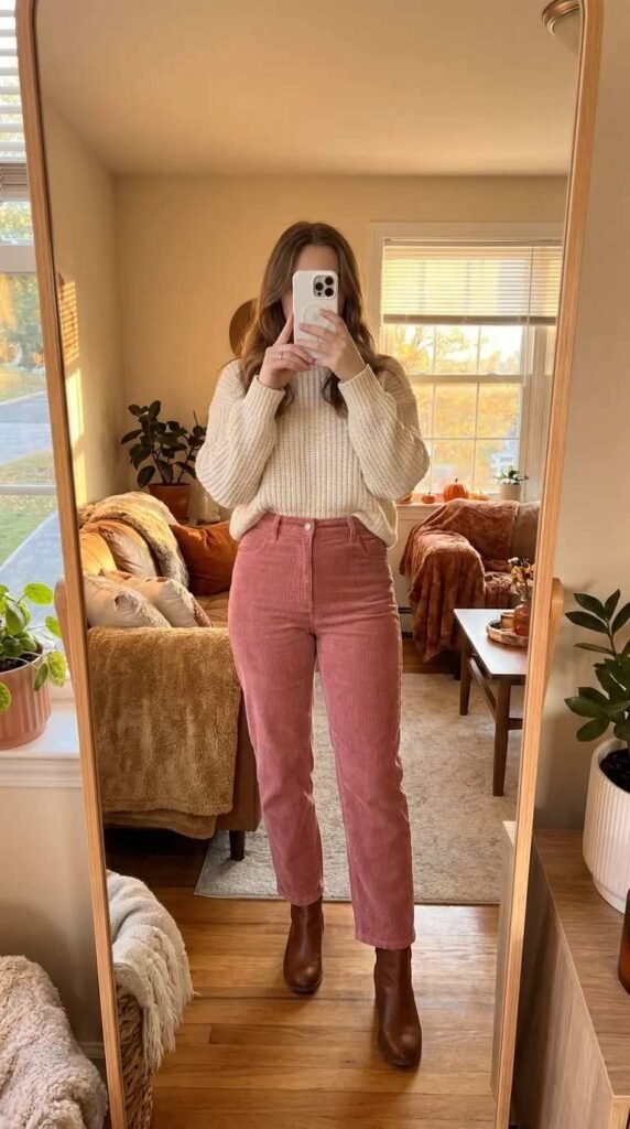 Woman in cream sweater and pink corduroy pants highlighting All Pink Fall Outfit Ideas at home.