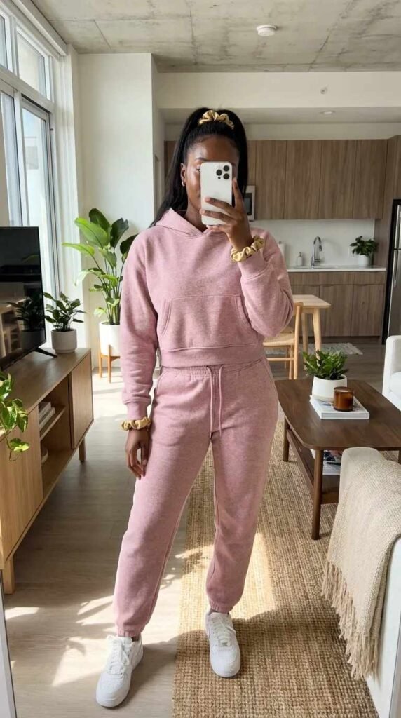 Black woman in matching pink cropped hoodie and joggers with white sneakers – All Pink Outfit Ideas for Black Women