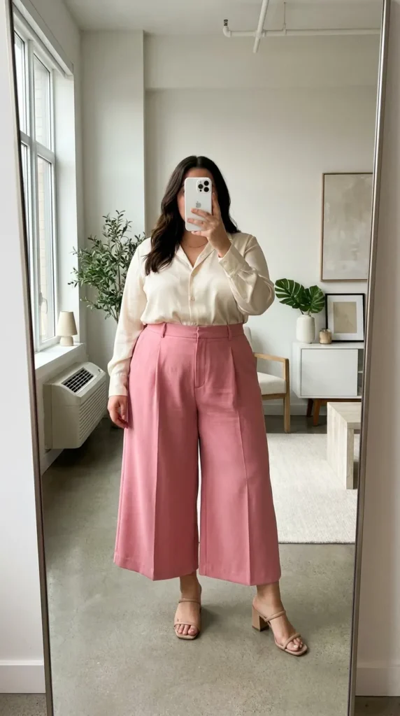 Plus size woman in pink culottes with tucked blouse, modern All Pink Outfit Ideas for Plus Size women.